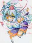  animal_ears blood breasts colored_pencil_(medium) detached_sleeves hat highres inubashiri_momiji kitazinger large_breasts mouth_hold red_eyes short_hair skirt solo sword tokin_hat touhou traditional_media weapon white_hair wolf_ears 