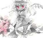  bad_id bad_pixiv_id bouquet dated flandre_scarlet flower hat long_hair monochrome open_mouth red_eyes sevten_(ashkeroth) side_ponytail solo spot_color touhou wings 