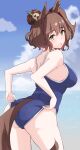  1girl absurdres animal_ears ass aston_machan_(umamusume) beach blue_one-piece_swimsuit blue_sky breasts brown_hair closed_mouth cloud cloudy_sky commentary_request competition_school_swimsuit competition_swimsuit cowboy_shot crown from_behind green_eyes hair_between_eyes harukazetabiji highres horse_ears horse_girl horse_tail large_breasts looking_at_viewer looking_back medium_hair ocean one-piece_swimsuit outdoors ponytail school_swimsuit sky smile solo swimsuit tail tilted_headwear tracen_swimsuit umamusume water 