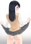  1girl amagami ass ayatsuji_tsukasa black_eyes black_hair blush censored closed_mouth clothes_lift cowboy_shot from_behind gradient_background grey_background grey_skirt highres kero320 kibito_high_school_uniform long_hair long_sleeves looking_at_viewer looking_back panties panty_pull pleated_skirt profile pussy school_uniform shirt skirt skirt_lift solo straight_hair sweater_vest underwear white_panties white_shirt yellow_sweater_vest 