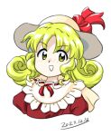  1girl 2023 :d blonde_hair bow curly_hair dated elly_(touhou) hat hat_bow looking_at_viewer medium_hair nonamejd official_style red_bow red_ribbon ribbon simple_background smile solo touhou touhou_(pc-98) upper_body white_background yellow_eyes zun_(style) 