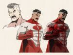  1boy black_hair blood blood_on_clothes blood_on_face bodysuit cape facial_hair gloves grey_background highres invincible_(series) male_focus mature_male multicolored_hair muscular muscular_male mustache omni-man pectorals red_bodysuit red_cape short_hair simple_background stephanie_(stephpeppery) superhero two-tone_bodysuit two-tone_hair white_bodysuit 
