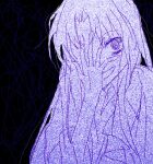  1other @_@ androgynous chinese_commentary clause_(len&#039;en) commentary_request crazy_eyes film_grain fuluola_xiaoyao hand_over_eye highres len&#039;en long_hair monochrome open_mouth other_focus parted_bangs purple_theme sketch sleeves_past_elbows smile solo 