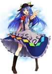  :d asuna_(i_luv) bad_id bad_pixiv_id blue_hair boots cross-laced_footwear food foreshortening fruit full_body hat highres hinanawi_tenshi lace-up_boots long_hair open_mouth outstretched_arm peach red_eyes smile solo touhou 