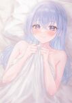  1girl bed_sheet blanket blue_hair blush breasts collarbone gameso highres holding holding_blanket idolmaster idolmaster_shiny_colors implied_nudity large_breasts long_hair looking_at_viewer lying nude on_back pillow purple_eyes smile solo straight_hair suzuki_hana under_covers upper_body very_long_hair 