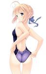  1girl adjusting_clothes adjusting_swimsuit ahoge aqua_eyes artoria_pendragon_(all) ass blonde_hair competition_swimsuit fate/stay_night fate_(series) from_behind hair_ribbon highres looking_back nksk one-piece_swimsuit ribbon saber simple_background solo swimsuit thigh_gap white_background 
