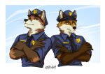 absurd_res anthro back_to_back badge biggoodwolf black_nose blue_clothing blue_eyes blue_shirt blue_topwear canid canine cheek_tuft clothed clothing collared_shirt crossed_arms dipstick_arms dipstick_ears dress_shirt duo ears_up facial_tuft fluffy_arms fox fur hi_res jakkals_van_der_bergh_(doppelfoxx) littlebadwolf male male/male mammal multicolored_ears neck_tuft necktie orange_body orange_eyes orange_fur police police_badge police_hat police_officer police_uniform scott_(scottthefox94) shirt shoulder_to_shoulder signature simple_background sky topwear tuft uniform whiskers white_background yellow_eyes