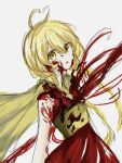  1other androgynous blonde_hair blood blood_in_hair blood_on_clothes blood_on_face braid cape chinese_commentary commentary_request dress hair_between_eyes highres len&#039;en long_hair niao_maoban_gutou ooama_no_ake_no_mitori open_mouth other_focus red_dress simple_background sketch sleeveless sleeveless_dress solo twin_braids white_background yellow_cape 
