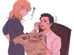  1girl black_hair brown_hair bruise crossover dress_suit engrish facial_hair injury marvel mustache newspaper orange_hair parody pepper_potts ponytail ranguage tiger_&amp;_bunny tomose_akiyoshi tony_stark wild_tiger wince wiping_face 