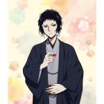  1boy akutagawa_ryuunosuke_(bungou_stray_dogs) black_hair bungou_stray_dogs closed_mouth grey_eyes hakama highres japanese_clothes long_sleeves looking_to_the_side mari_(marimaripink) multicolored_background obi sash sidelocks solo upper_body wide_sleeves 