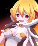  1girl black_background blonde_hair blush breasts bright_pupils brown_cape brown_dress brown_gloves cape commentary_request double_bun dress embers fur-trimmed_cape fur-trimmed_gloves fur_trim gloves gradient_background hair_between_eyes hair_bun hair_ribbon high_wizard_(ragnarok_online) kathryne_keyron long_bangs looking_at_viewer medium_breasts ojou-sama_pose open_mouth orange_background ragnarok_online red_eyes red_ribbon ribbon rozelia00 short_hair smile solo strapless strapless_dress two-tone_dress upper_body white_dress white_pupils 