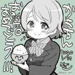  1girl birthday blush bowl breasts chibi commentary dated green_background greyscale_with_colored_background koizumi_hanayo looking_at_viewer love_live! love_live!_school_idol_project medium_breasts mezashi_(mezamashi_set) otonokizaka_school_uniform rice rice_bowl school_uniform short_hair signature solo translation_request twitter_username 