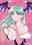  1girl bare_shoulders black_leotard breasts bridal_gauntlets cleavage collarbone demon_girl demon_wings green_eyes grey_hair head_wings heart heart_hands highres leotard long_hair medium_breasts morrigan_aensland pink_background simple_background skm_nnm solo vampire_(game) wings 