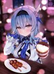 1girl :t absurdres alcohol arm_on_table beer beer_mug black_hairband blue_gloves blue_hair blue_necktie blurry blush bokeh br3t_z breast_press breasts chicken-mushroom_skewer_(genshin_impact) clothing_cutout cup depth_of_field eula_(genshin_impact) genshin_impact gloves hair_between_eyes hair_ornament hairband hand_up head_on_hand highres holding holding_cup indoors large_breasts long_sleeves looking_at_viewer medium_hair mug necktie reaching reaching_towards_viewer shoulder_cutout sidelocks solo upper_body vision_(genshin_impact) white_sleeves wide_sleeves wooden_cup yellow_eyes 