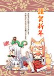  3girls alcohol animal_ears blonde_hair blush breasts cleavage dragon drunk eyes_closed fox_ears fox_tail jingai_modoki kitsune multiple_girls red_eyes sake tail translation_request white_hair 