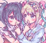  2girls 4_74obake ame-chan_(needy_girl_overdose) black_hair blonde_hair blue_bow blue_eyes blue_hair blue_shirt bow chouzetsusaikawa_tenshi-chan collared_shirt commentary_request dual_persona eye_contact finger_to_another&#039;s_mouth finger_to_mouth hair_bow hair_over_one_eye hand_up highres index_finger_raised long_hair long_sleeves looking_at_another multicolored_hair multiple_girls neck_ribbon needy_girl_overdose pink_bow pink_hair pixel_art purple_bow quad_tails red_shirt ribbon sailor_collar shirt shushing symmetrical_pose twintails upper_body 