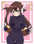  1girl absurdres against_glass aile_(mega_man_zx) black_bodysuit blush bodysuit breasts brown_hair buzzlyears green_eyes highres large_breasts long_hair looking_at_viewer mega_man_(series) mega_man_zx mega_man_zx_advent navel pink_background ponytail robot_ears simple_background solo 