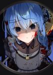  1girl absurdres axe blood blood_in_hair blood_on_clothes blood_on_face blue_hair blush dark_eye highres holding holding_axe holding_weapon hololive hoshimachi_suisei hoshimachi_suisei_(maid) kurenaiaoi0 official_alternate_costume smile solo virtual_youtuber weapon 