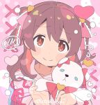  1girl blush_stickers brown_eyes brown_hair colored_inner_hair commentary_request dot_nose frilled_ribbon frills hair_ribbon heart holding holding_stuffed_toy long_hair looking_at_viewer multicolored_hair murosaki_miyo official_alternate_costume official_alternate_hairstyle onii-chan_wa_oshimai! pink_background portrait red_hair red_ribbon ribbon satou_asuka simple_background smile solo spoken_blush stuffed_animal stuffed_toy teddy_bear twitter_username two-tone_hair two_side_up 
