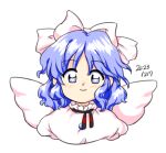  1girl 2023 blue_hair bow closed_mouth dated hair_bow looking_at_viewer mai_(touhou) nonamejd official_style short_hair simple_background smile solo touhou touhou_(pc-98) upper_body white_background white_bow white_wings wings zun_(style) 