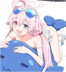  1girl ahoge ass bikini blue_archive blue_eyes blush breast_press breasts clearite collarbone eyewear_on_head fang frilled_bikini frills hair_between_eyes hair_bobbles hair_ornament halo heterochromia hoshino_(blue_archive) hoshino_(swimsuit)_(blue_archive) inflatable_toy inflatable_whale legs long_hair looking_at_viewer low_twintails lying official_alternate_costume on_stomach open_mouth pink_hair pink_halo sandals sidelocks small_breasts smile solo strap_slip sunglasses sweat swimsuit thighs twintails white_background white_bikini white_footwear yellow_eyes 