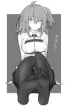  1girl ahoge closed_mouth collared_shirt fate/grand_order fate_(series) feet foot_focus fujimaru_ritsuka_(female) full_body greyscale hair_between_eyes hair_ornament hair_scrunchie highres light_blush long_sleeves looking_at_viewer medium_hair monochrome one_side_up pantyhose scrunchie shirt simple_background sitting sketch skirt solo yukihara_sbgd 