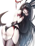  1girl @_@ alternate_costume animal_ears armband ass bags_under_eyes black_hair black_leotard black_thighhighs black_wings blue_archive fake_animal_ears fake_tail halo highres komena_(shinyday312) leotard long_hair looking_back melting_halo pale_skin playboy_bunny rabbit_ears rabbit_tail red_armband red_eyes red_garter_belt red_halo sharp_teeth simple_background solo straight_hair tail teeth thighhighs tsurugi_(blue_archive) very_long_hair white_background wings wrist_cuffs 