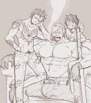  3boys abs absurdres armpit_hair armpit_hair_peek bara blush brown_theme denim elbow_rest eye_contact facial_hair goatee hand_under_clothes hatching_(texture) highres jeans large_pectorals looking_at_another m_cwfe male_focus mature_male medium_sideburns monkey_d._luffy monochrome multiple_boys muscular muscular_male nipples one_piece pants pectorals planted scar scar_on_face scar_on_forehead short_hair sideburns_stubble size_difference smirk smoke smoker_(one_piece) sparse_stubble spread_legs stitches strongman_waist stubble toned toned_male topless_male trafalgar_law tsurime unfinished white_hair yaoi 