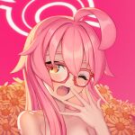  1girl ;o bare_shoulders bespectacled blue_archive blush fang flower glasses halo hand_up highres hoshino_(blue_archive) long_hair looking_at_viewer one_eye_closed open_mouth pink_hair pink_halo portrait rotix simple_background sleepy smile solo yawning yellow_eyes 