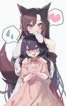  2girls absurdres animal_ears black_hair brown_eyes brown_hair dress fox_ears fox_girl fox_tail hands_on_another&#039;s_shoulders haruwaka_064 heart highres imaizumi_kagerou inaba_tewi multiple_girls pink_dress rabbit_ears rabbit_girl speech_bubble spoken_heart tail touhou white_background 