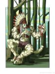  1boy ^_^ absurdres alternate_costume animal_ears arknights bara cactus closed_eyes facepaint facial_hair feathers furry furry_male goatee headdress highres holding large_hands laughing male_focus mountain_(arknights) muscular muscular_male native_american_headdress scar scar_across_eye scar_on_arm short_hair sitting solo thick_eyebrows tiger_boy tiger_ears tribal v-taper white_hair yingou_li_de_wenyi_zhi_yuan 