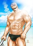  1boy abs bara beach blue_male_swimwear bulge cowboy_shot facial_hair holding holding_weapon kokorozashi large_pectorals light_rays male_focus male_swimwear mature_male medium_sideburns muscular muscular_male navel nipples one_piece pectorals scar scar_on_face scar_on_forehead short_hair sideburns_stubble smoke smoker_(one_piece) solo sparse_stubble stitches stomach strongman_waist stubble sunglasses swim_briefs thighs topless_male tsurime veiny_crotch weapon white_hair 