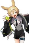  1boy animal_ears arknights bishounen blonde_hair blue_eyes fingerless_gloves gloves highres leonhardt_(arknights) male_focus moribe_denkou necktie open_mouth rabbit_boy rabbit_ears shirt short_hair shorts simple_background smile solo suspenders white_background white_shirt 