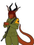 anthro army assault_rifle clothing combat_gear cracking_knuckles cross dragon fatigues female flag fx-05_xiuhcoatl gun hi_res horn long_ears long_tail looking_at_viewer medic mexican_flag mexico military military_uniform name_tag pockets ranged_weapon rebeldragon101 rifle rifle_barrel rifle_sling shirt soldier solo tail topwear undershirt uniform warrior weapon
