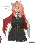  1girl :o animal_ear_fluff animal_ears arknights belt black_belt black_necktie black_shirt black_skirt commentary cosplay dark_skin dokonjou_(odossan) gravel_(arknights) jacket long_hair long_sleeves looking_at_viewer necktie open_clothes open_jacket open_mouth pink_eyes pink_hair pleated_skirt red_jacket shirt skirt skyfire_(arknights) skyfire_(arknights)_(cosplay) solo white_shirt wide_sleeves 
