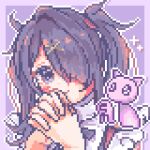  1girl 4_74obake ame-chan_(needy_girl_overdose) cat collared_shirt hair_ornament hair_over_one_eye hands_up highres interlocked_fingers long_hair looking_at_viewer needy_girl_overdose outline own_hands_together pien_cat_(needy_girl_overdose) pixel_art purple_background purple_eyes shirt solo sparkle twintails upper_body white_outline x_hair_ornament 