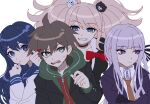  1boy 3girls :o absurdres ahoge bear_hair_ornament black_choker black_gloves black_hair black_jacket black_ribbon blue_eyes blue_sailor_collar bow braid brown_hair brown_necktie choker collarbone collared_shirt crossed_arms danganronpa:_trigger_happy_havoc danganronpa_(series) enoshima_junko esu_(tasoesu) gloves green_eyes green_hoodie grey_hair grin hair_ornament hair_ribbon hand_up highres hood hood_down hoodie jacket kirigiri_kyoko long_hair long_sleeves maizono_sayaka multiple_girls naegi_makoto necktie pink_eyes purple_jacket red_bow ribbon sailor_collar shirt short_hair side_braid single_braid smile sweat teeth twintails white_background white_shirt 