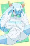 4_fingers belly big_breasts blue_clothing blue_hair blue_legwear blue_thigh_highs blue_underwear blush blush_lines bottomwear breasts clothed clothing cutoffs denim denim_bottomwear denim_clothing female fingers front_view generation_3_pokemon gesture hair head_spikes hi_res humanoid kirlia legwear navel nintendo not_furry peachcupp penetrable_sex_toy pokemon pokemon_(species) red_eyes sex_toy shiny_pokemon shirt shorts simple_background skirt solo spikes spikes_(anatomy) squish thick_thighs thigh_highs thigh_squish topwear underwear v_sign white_body white_bottomwear white_clothing white_shirt white_skin white_skirt white_topwear wide_hips