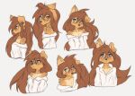 2024 absurd_res anthro apogee_(tinygaypirate) braless breasts brown_eyes brown_hair canid canine canis clothed clothing countershade_torso countershading domestic_dog ear_piercing female flesh_tunnel fur hair hi_res inner_ear_fluff long_hair looking_ahead looking_aside looking_at_viewer looking_up mammal multiple_angles no_bra_under_clothes one_ear_up piercing simple_background solo tan_body tan_fur tinygaypirate topwear tuft white_background