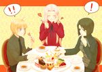  artoria_pendragon_(all) black_eyes black_hair blonde_hair blue_eyes cake eating evol-vixip-nir fate/zero fate_(series) food food_on_face green_eyes green_hair hisau_maiya irisviel_von_einzbern long_hair multiple_girls necktie ponytail reverse_trap saber short_hair tea white_hair 