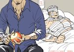  2boys apple bandage_on_face bandage_over_one_eye bandaged_arm bandaged_chest bandaged_head bandaged_neck bandages bandaid bandaid_on_face bara couple facial_hair food fruit goatee intravenous_drip kokorozashi large_pectorals male_focus mature_male medium_sideburns multiple_boys muscular muscular_male naked_bandage one_piece out_of_frame pectoral_cleavage pectorals peeling scar scar_on_face scar_on_forehead short_hair sideburns_stubble smoker_(one_piece) sparse_stubble stitches stubble trafalgar_law tsurime upper_body white_hair wide-eyed yaoi 