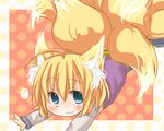  :3 ahoge animal_ears aqua_eyes bad_id bad_pixiv_id blonde_hair blush fox_ears fox_tail looking_at_viewer lying multiple_tails no_hat no_headwear on_stomach outstretched_arms pikojirokurao polka_dot polka_dot_background short_hair solo tail touhou yakumo_ran younger 