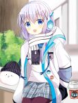  1girl :d absurdres badge beanie black_headwear blue_eyes blurry blurry_background brown_pantyhose button_badge coffee_cup commentary_request cup depth_of_field disposable_cup drawstring fringe_trim gochuumon_wa_usagi_desu_ka? grey_hair grey_skirt hair_between_eyes hair_ornament hand_in_pocket hat headphones highres hood hood_down hooded_jacket jacket kafuu_chino long_hair long_sleeves looking_at_viewer open_clothes open_jacket pantyhose pleated_skirt puffy_long_sleeves puffy_sleeves ryoutan scarf shirt skirt smile tippy_(gochiusa) white_jacket white_scarf white_shirt x_hair_ornament 