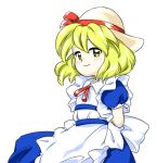  1girl apron arms_behind_back back_bow blonde_hair blue_dress bow closed_mouth dress hair_between_eyes hat hat_ribbon kana_anaberal neck_ribbon nonamejd official_style puffy_short_sleeves puffy_sleeves red_ribbon ribbon short_hair short_sleeves simple_background smile solo touhou touhou_(pc-98) white_apron white_background white_bow yellow_eyes zun_(style) 