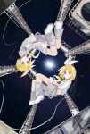  1boy 1girl absurdres blonde_hair blue_eyes cable closed_mouth detached_sleeves floating grey_leg_warmers grey_shirt grey_shorts hairband headset highres kagamine_len kagamine_rin leg_warmers looking_at_viewer medium_hair shirt shoes short_hair short_sleeves shorts sleeveless sleeveless_shirt space spacecraft star_(sky) vocaloid white_footwear white_hairband yaa0 