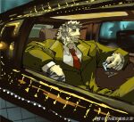  1boy alternate_costume animal_ears arknights bara car_interior cup drinking_glass facial_hair feet_out_of_frame furry furry_male goatee highres large_hands looking_at_viewer male_focus mountain_(arknights) muscular muscular_male necktie red_necktie scar scar_across_eye scar_on_arm short_hair solo suit thick_eyebrows tiger_boy tiger_ears unfinished upper_body white_hair wine_glass yingou_li_de_wenyi_zhi_yuan 