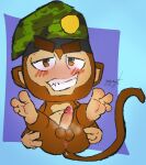 anthro beret bloons_tower_defense blush bodily_fluids butt clothing cum cum_from_ass cum_in_ass cum_inside dripping feet foot_fetish foot_focus gaygoat genital_fluids grin haplorhine hat headgear headwear hi_res male mammal monkey ninja_kiwi presenting presenting_hindquarters primate smile sniper_monkey