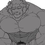 abs anon_1015 anthro blush eyebrows genitals hi_res horn krampus_(housamo) lifewonders male muscular muscular_anthro muscular_male nipples nude pecs penis penis_base pubes scar solo thick_eyebrows tokyo_afterschool_summoners