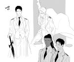  2boys arm_up coat dreadlocks greyscale high_ponytail highres holding holding_sword holding_weapon korean_text library_of_ruina long_sleeves monochrome multiple_boys multiple_views mye_66 necktie olivier_(project_moon) project_moon roland_(project_moon) sketch sword translation_request weapon wing_collar 