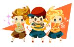  3boys black_hair blonde_hair blue_footwear blue_shorts blush_stickers brown_hair brown_shorts claus_(mother_3) claus_(mother_3)_(cosplay) closed_mouth cosplay cryokinesis fire full_body hitofutarai index_finger_raised lucas_(mother_3) male_focus mother_(game) mother_2 mother_3 multiple_boys ness_(mother_2) open_mouth pyrokinesis short_hair shorts smile super_smash_bros. 
